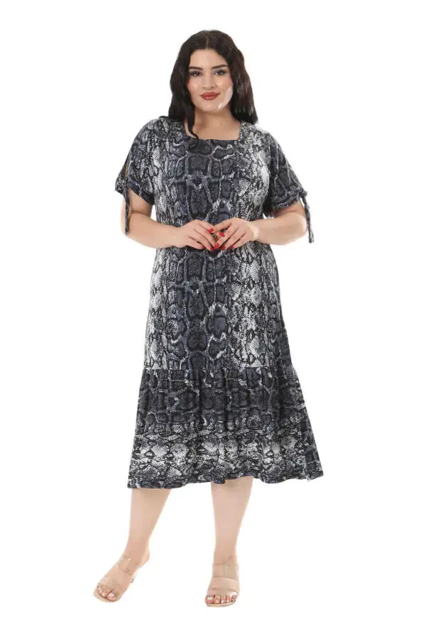 Women's Plus Size Tie-Up Sleeves Grey Snake Print Dress - 5
