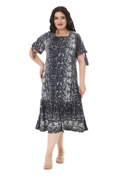Women's Plus Size Tie-Up Sleeves Grey Snake Print Dress - 6