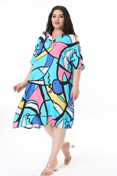 Women's Plus Size Turquoise Woven Viscose Fabric V-Neck Colorful Dress 65N38172 - 1