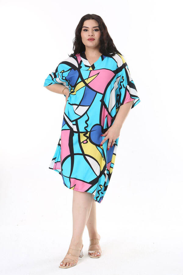 Women's Plus Size Turquoise Woven Viscose Fabric V-Neck Colorful Dress 65N38172 - 3