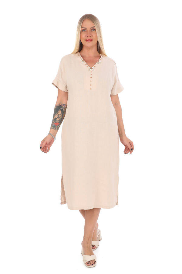 Women's Plus Size V-Neck 100% Linen Dress Beige - 1