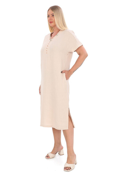 Women's Plus Size V-Neck 100% Linen Dress Beige - MARDI EXCLUSIVE (1)