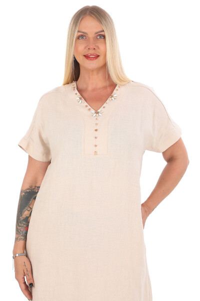Women's Plus Size V-Neck 100% Linen Dress Beige - 4