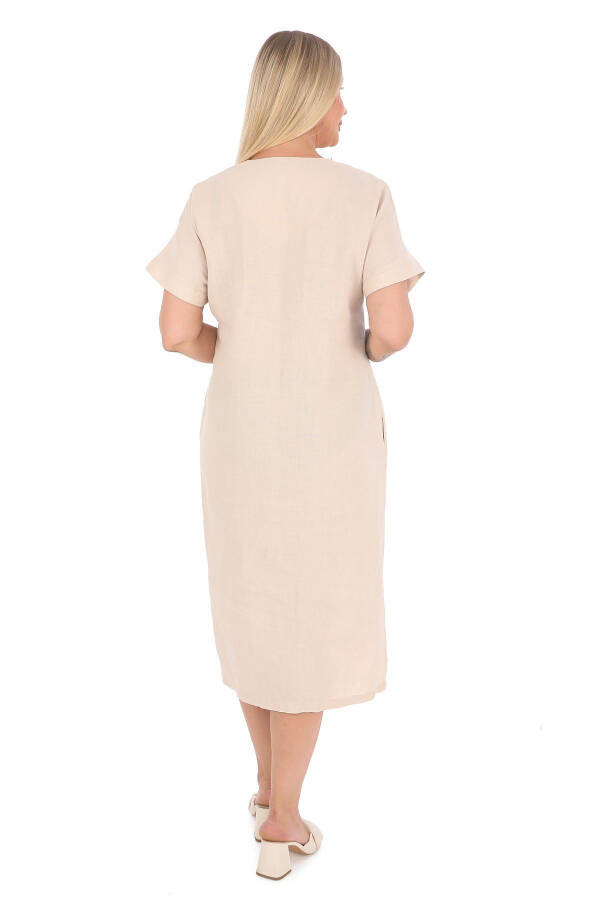 Women's Plus Size V-Neck 100% Linen Dress Beige - 5