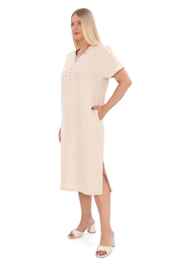 Women's Plus Size V-Neck 100% Linen Dress Beige - 2