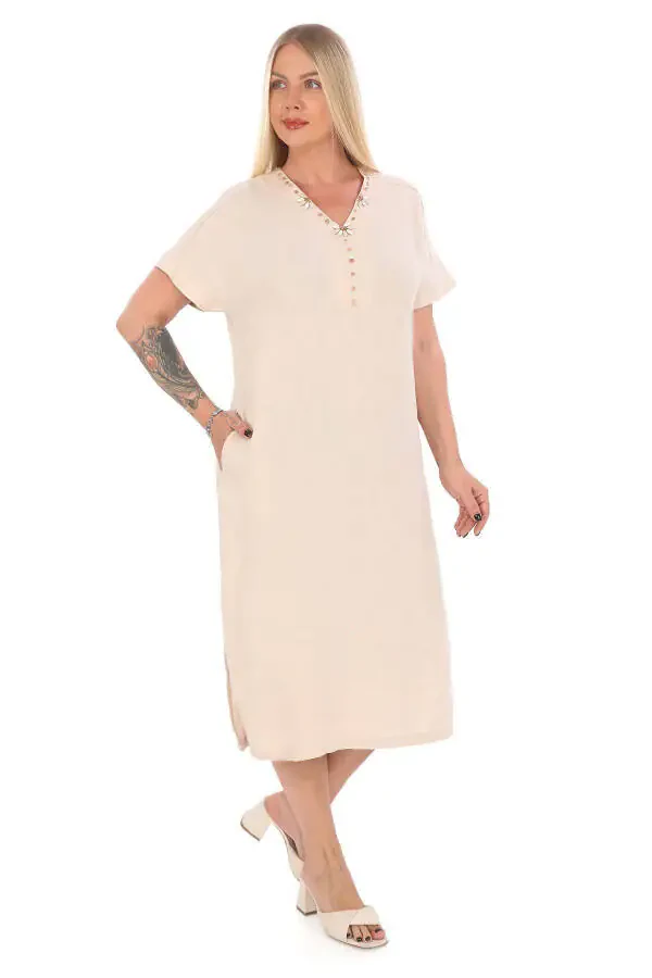 Women's Plus Size V-Neck 100% Linen Dress Beige - 3
