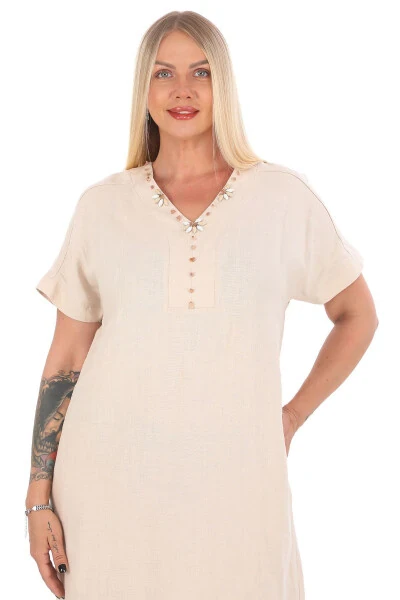 Women's Plus Size V-Neck 100% Linen Dress Beige - 4