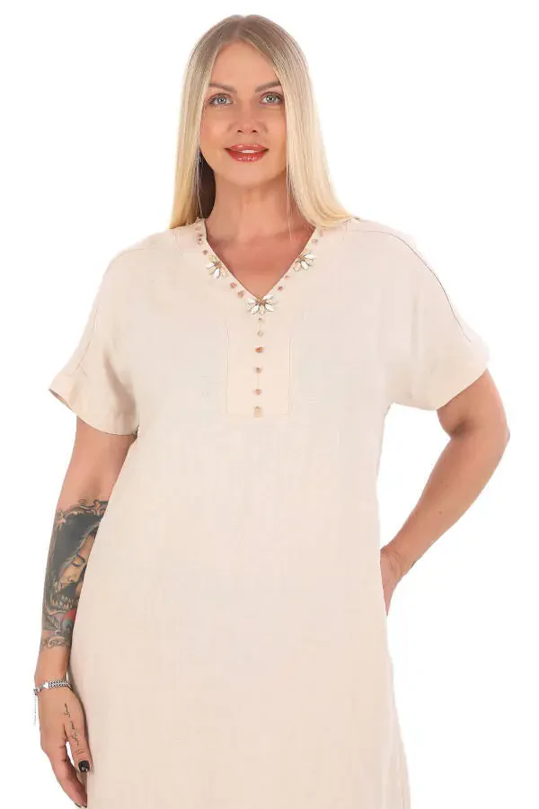 Women's Plus Size V-Neck 100% Linen Dress Beige - 4