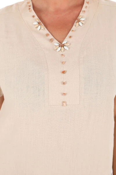 Women's Plus Size V-Neck 100% Linen Dress Beige - 6