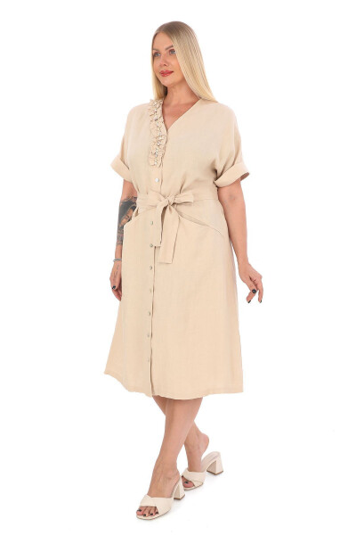 Women's Plus Size V-Neck Ruffled Detail 100% Linen Dress Beige - 2