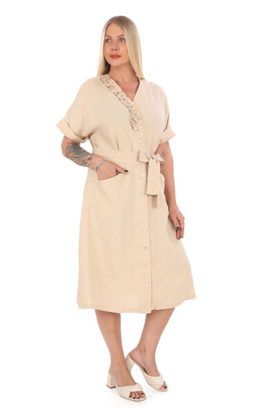 Women's Plus Size V-Neck Ruffled Detail 100% Linen Dress Beige - 3