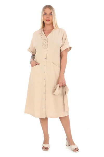 Women's Plus Size V-Neck Ruffled Detail 100% Linen Dress Beige - 1
