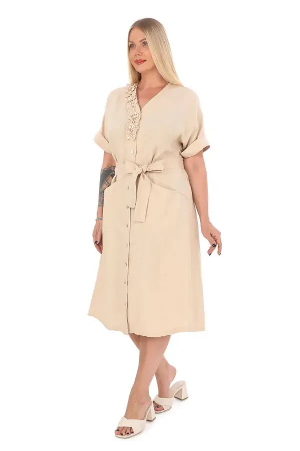 Women's Plus Size V-Neck Ruffled Detail 100% Linen Dress Beige - 2