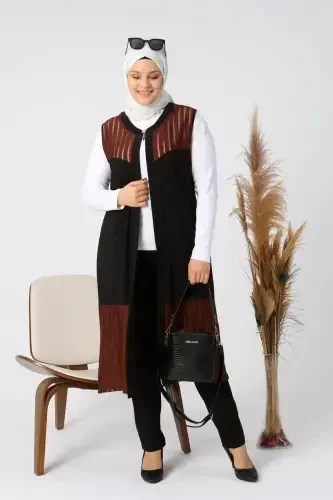 Women's Plus Size Vest Long and Tasseled Brown - 7