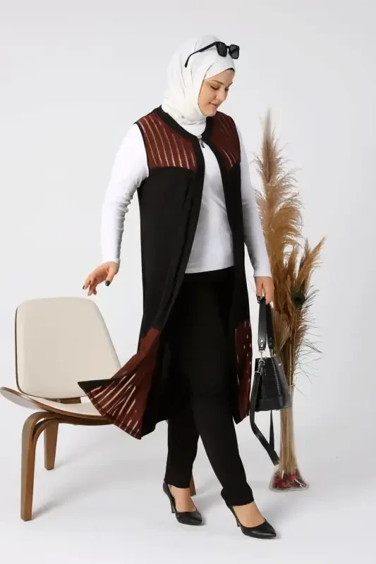 Women's Plus Size Vest Long and Tasseled Brown - 8