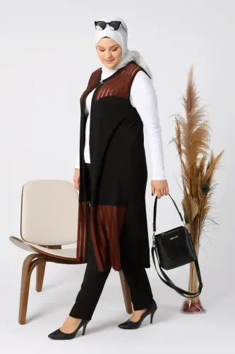 Women's Plus Size Vest Long and Tasseled Brown - 1