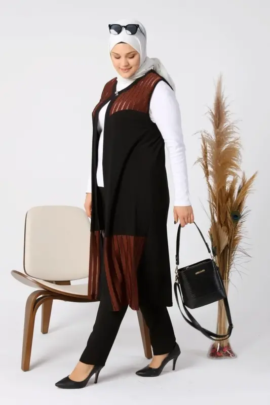 Women's Plus Size Vest Long and Tasseled Brown - 1