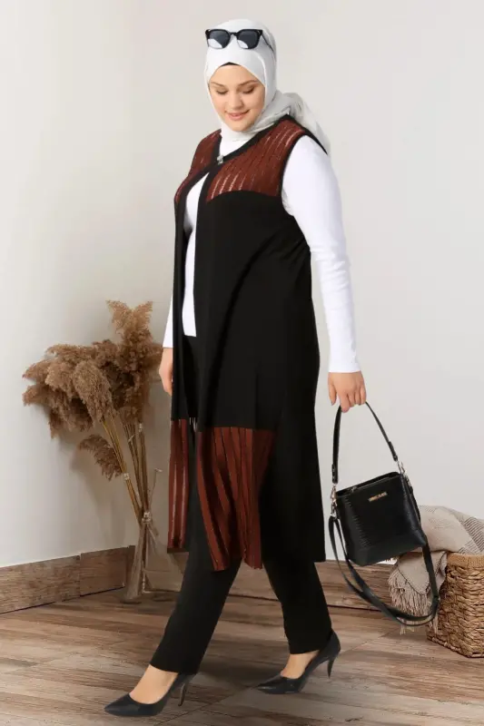Women's Plus Size Vest Long and Tasseled Brown - 3