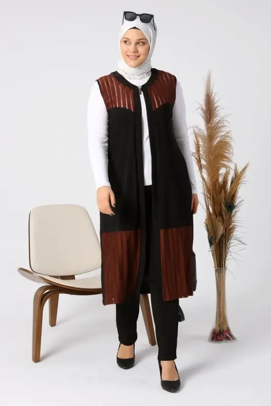 Women's Plus Size Vest Long and Tasseled Brown - 5