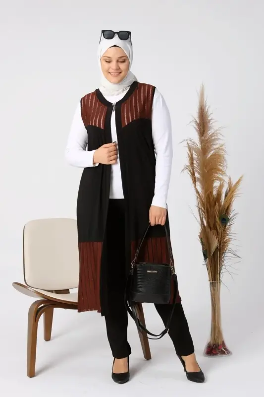 Women's Plus Size Vest Long and Tasseled Brown - 7