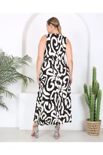 Women's Plus Size Watercolor Patterned Sleeveless Cross-V-Neck Maxi Dress 24134 - Black-White - 3