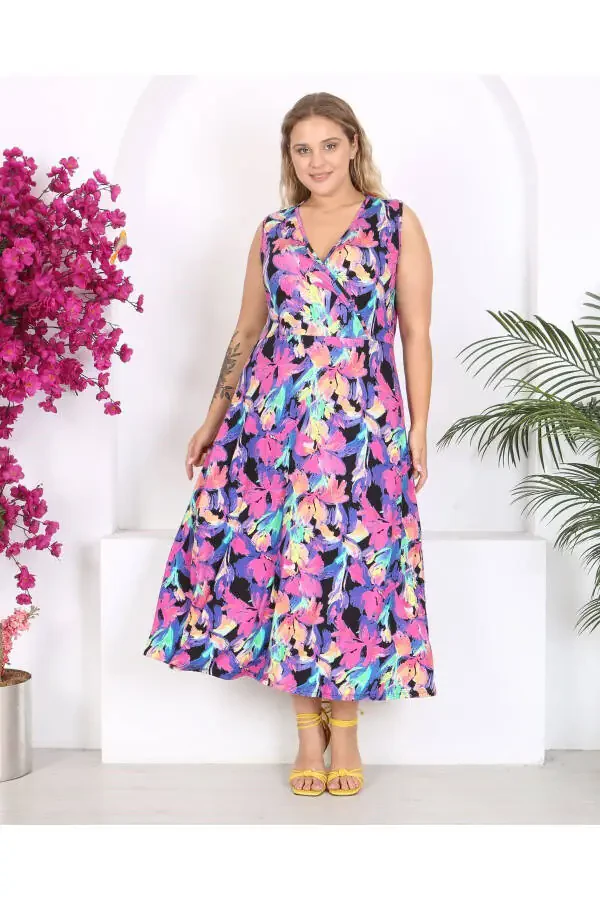 Women's Plus Size Watercolor Printed Sleeveless V-Neck Maxi Dress 24134 - 1