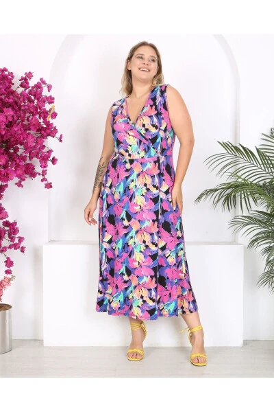 Women's Plus Size Watercolor Printed Sleeveless V-Neck Maxi Dress 24134 - 2
