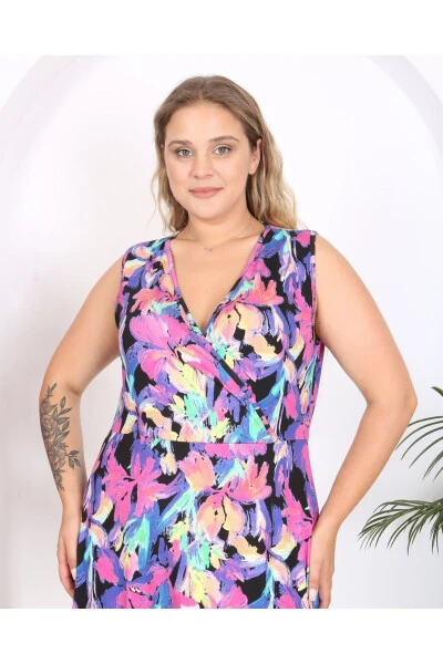 Women's Plus Size Watercolor Printed Sleeveless V-Neck Maxi Dress 24134 - 3