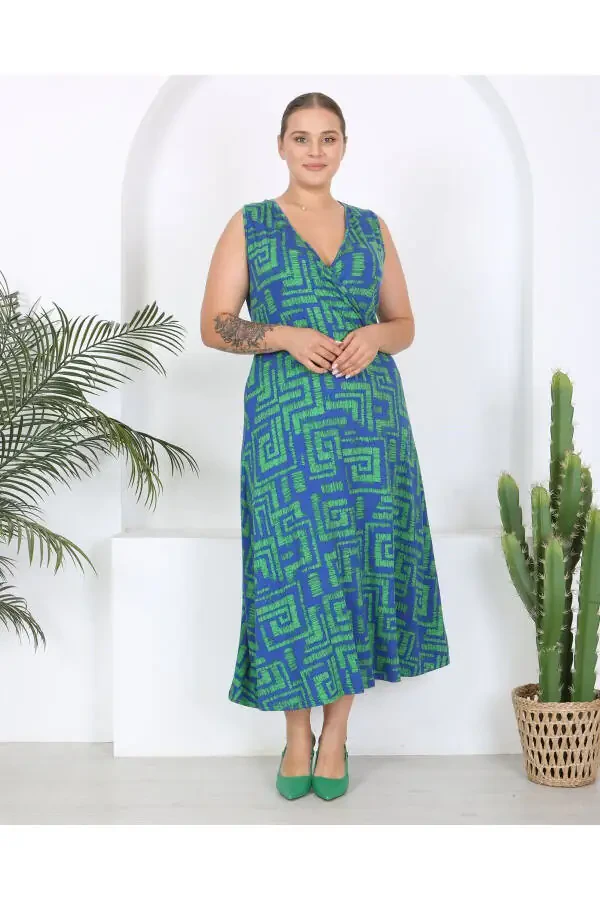 Women's Plus Size Watercolor Printed Sleeveless V-Neck Maxi Dress 24134 - 1