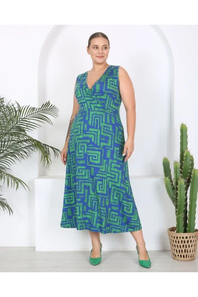 Women's Plus Size Watercolor Printed Sleeveless V-Neck Maxi Dress 24134 - Modazone (1)