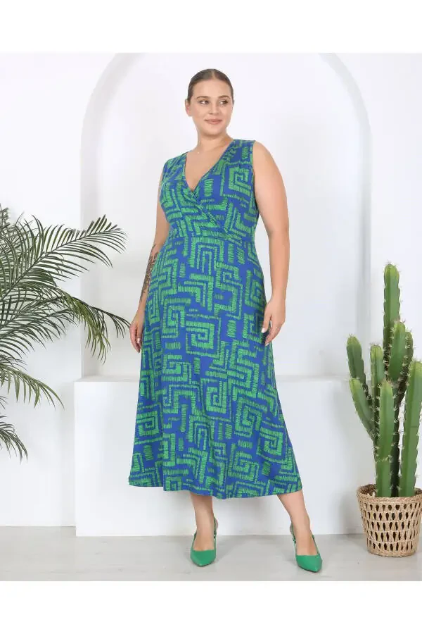 Women's Plus Size Watercolor Printed Sleeveless V-Neck Maxi Dress 24134 - 2
