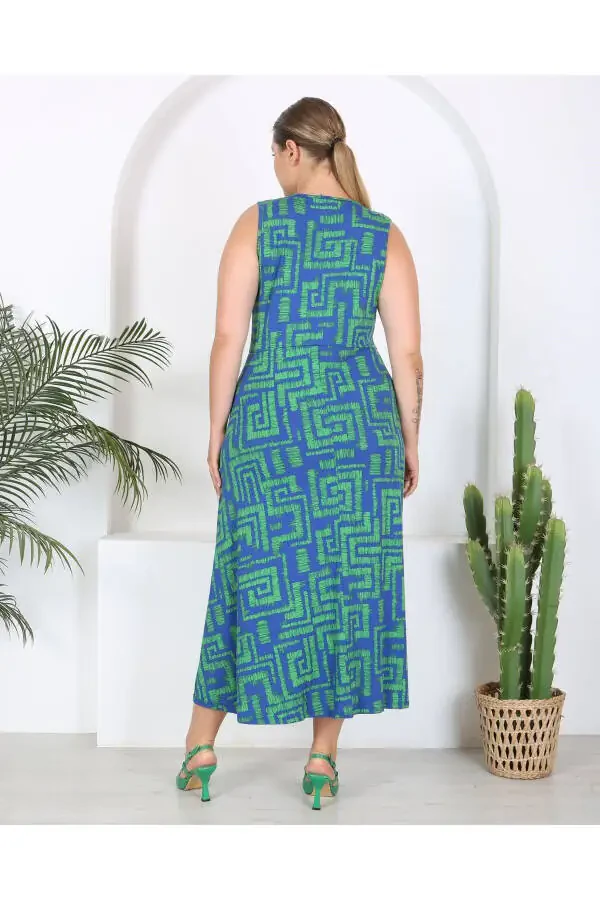 Women's Plus Size Watercolor Printed Sleeveless V-Neck Maxi Dress 24134 - 3