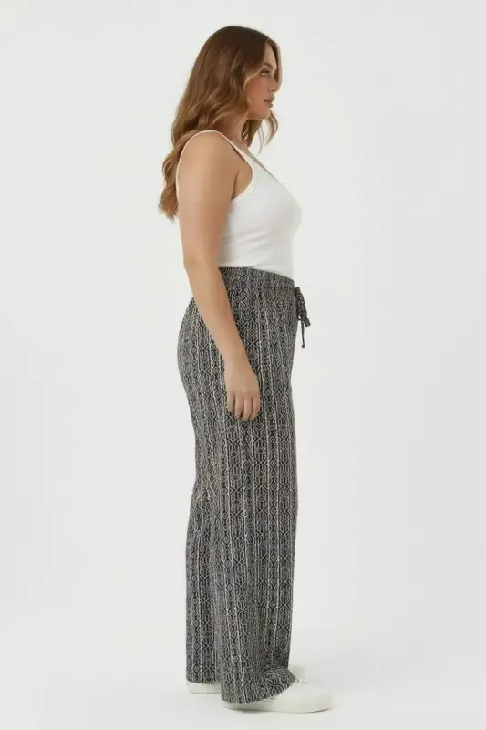 Women's Plus Size Wide Leg Pants with Belt and Black and White Pattern Black - 2