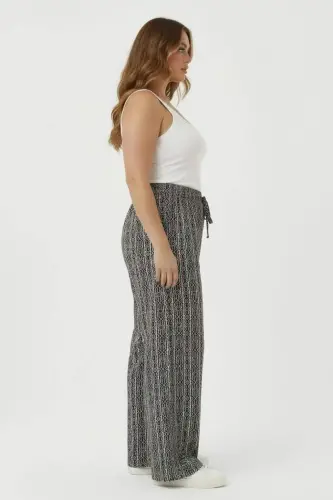 Women's Plus Size Wide Leg Pants with Belt and Black and White Pattern Black - BÜYÜKBEDENIZ (1)