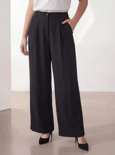 Women's Plus Size Wide Leg Woven Trousers Black - 1