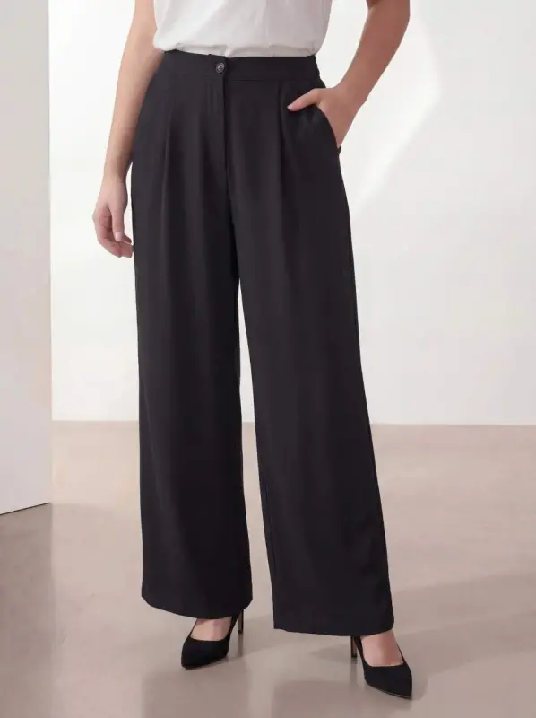 Women's Plus Size Wide Leg Woven Trousers Black - BÜYÜKBEDENIZ