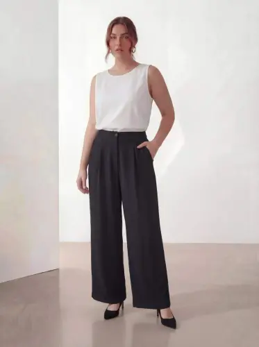 Women's Plus Size Wide Leg Woven Trousers Black - 3