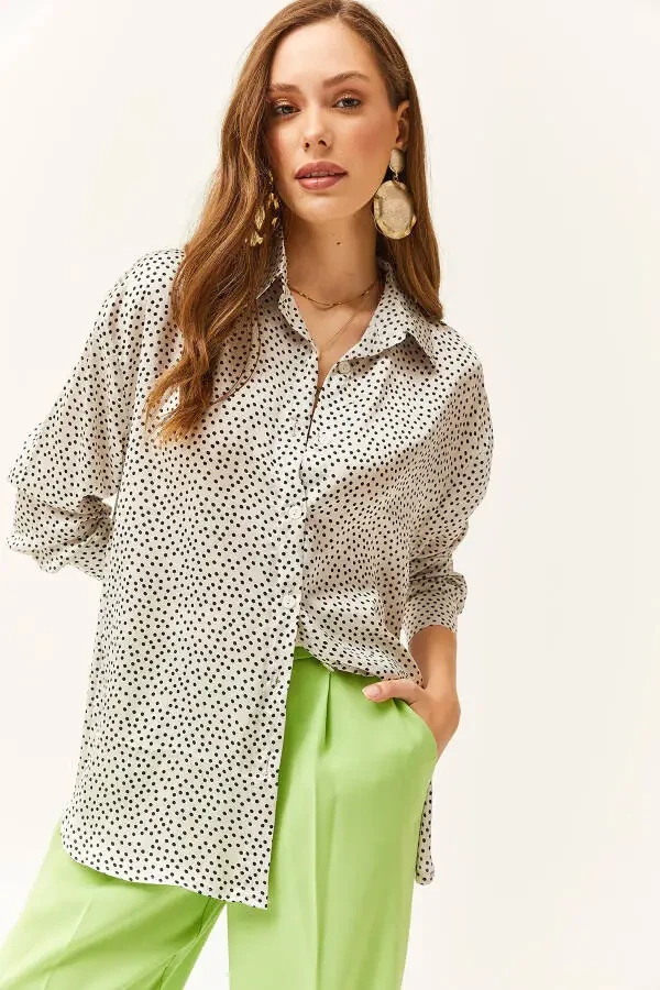 Women's Polka Dot Ecru Pattern Oversize Satin Shirt - 1