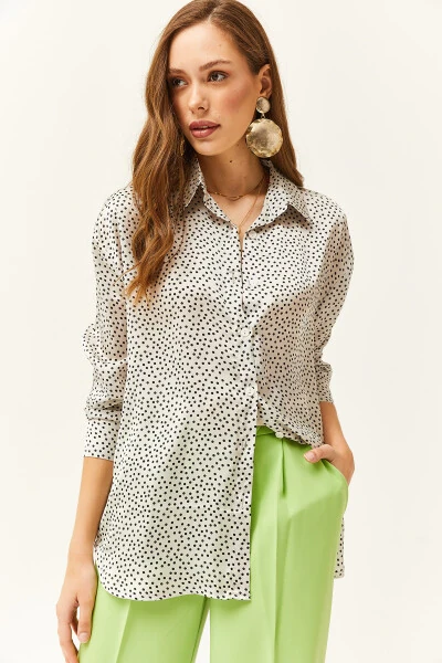 Women's Polka Dot Ecru Pattern Oversize Satin Shirt - 3