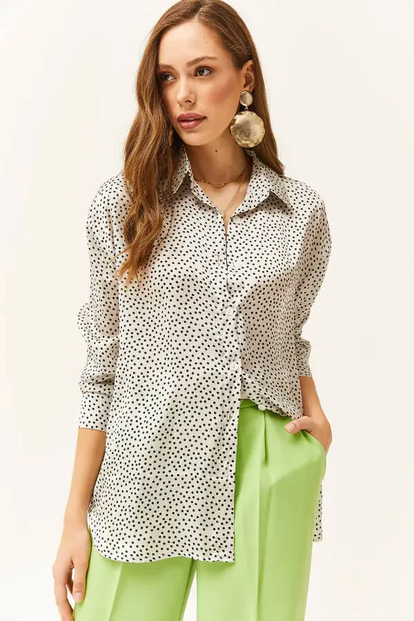 Women's Polka Dot Ecru Pattern Oversize Satin Shirt - 3