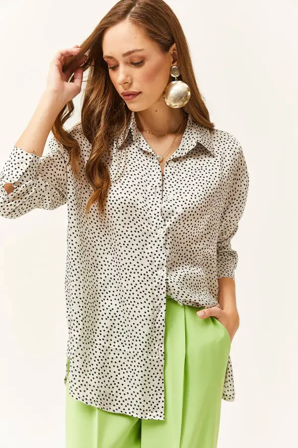 Women's Polka Dot Ecru Pattern Oversize Satin Shirt - 4