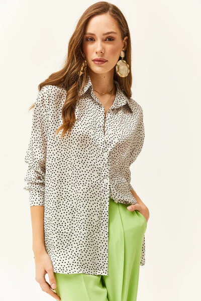 Women's Polka Dot Ecru Pattern Oversize Satin Shirt - 5