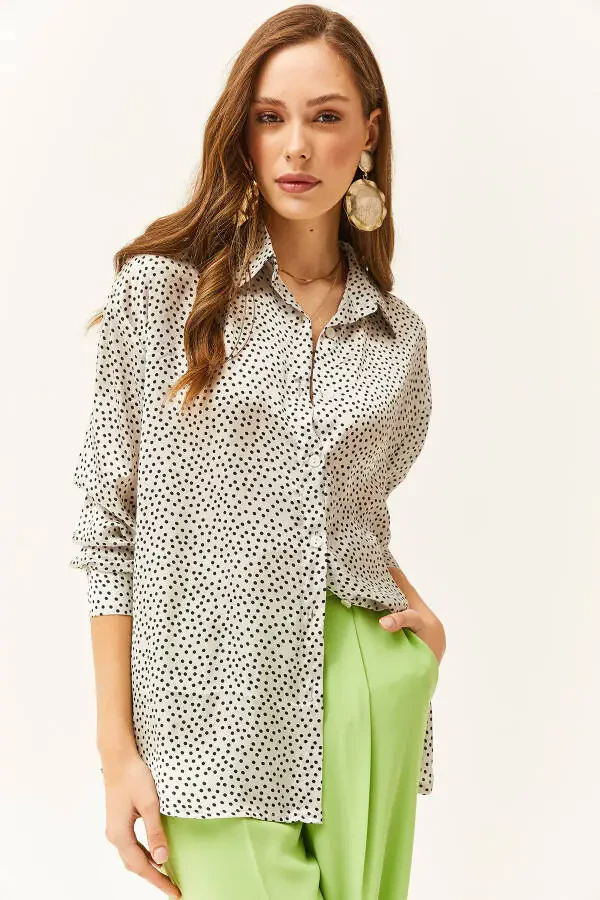 Women's Polka Dot Ecru Pattern Oversize Satin Shirt - 5