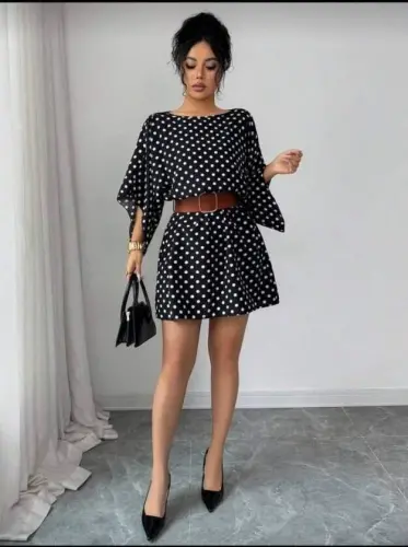 Women's Polka Dot Knitted Crepe Mini Dress (without belt) - BÜYÜKBEDENIZ (1)