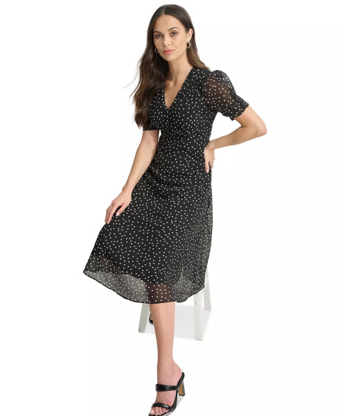 Women's Polka-Dot V-Neck Button-Trim Midi Dress Black/Ivory - 4