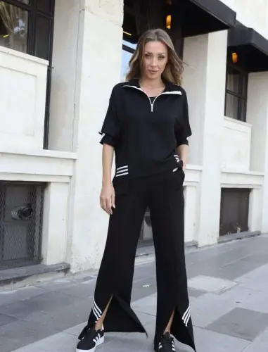 Women's Polo Collar Slit Hem Ribbed Knit Set - 1