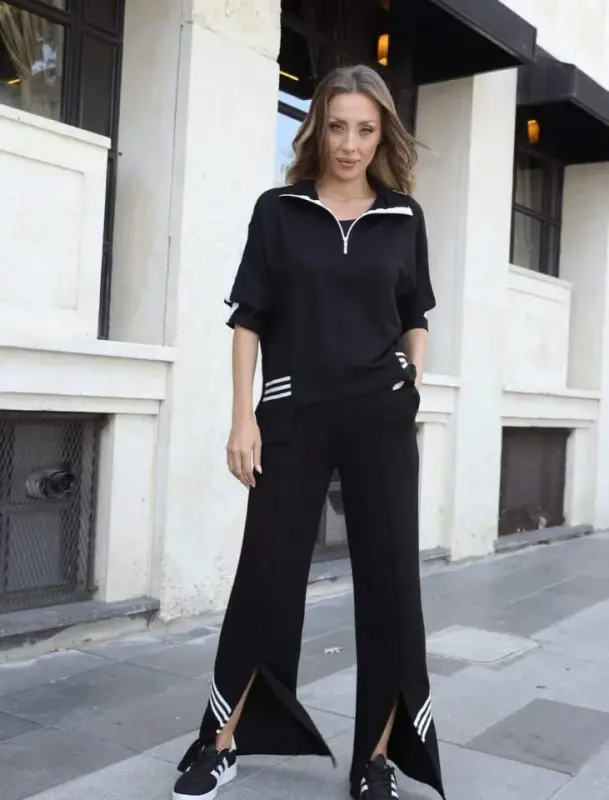 Women's Polo Collar Slit Hem Ribbed Knit Set - BÜYÜKBEDENIZ