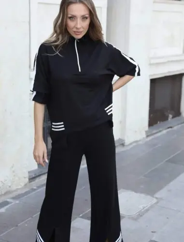 Women's Polo Collar Slit Hem Ribbed Knit Set - BÜYÜKBEDENIZ (1)