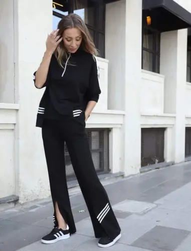 Women's Polo Collar Slit Hem Ribbed Knit Set - 3