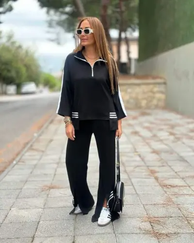 Women's Polo Collar Slit Hem Ribbed Knit Set - 5